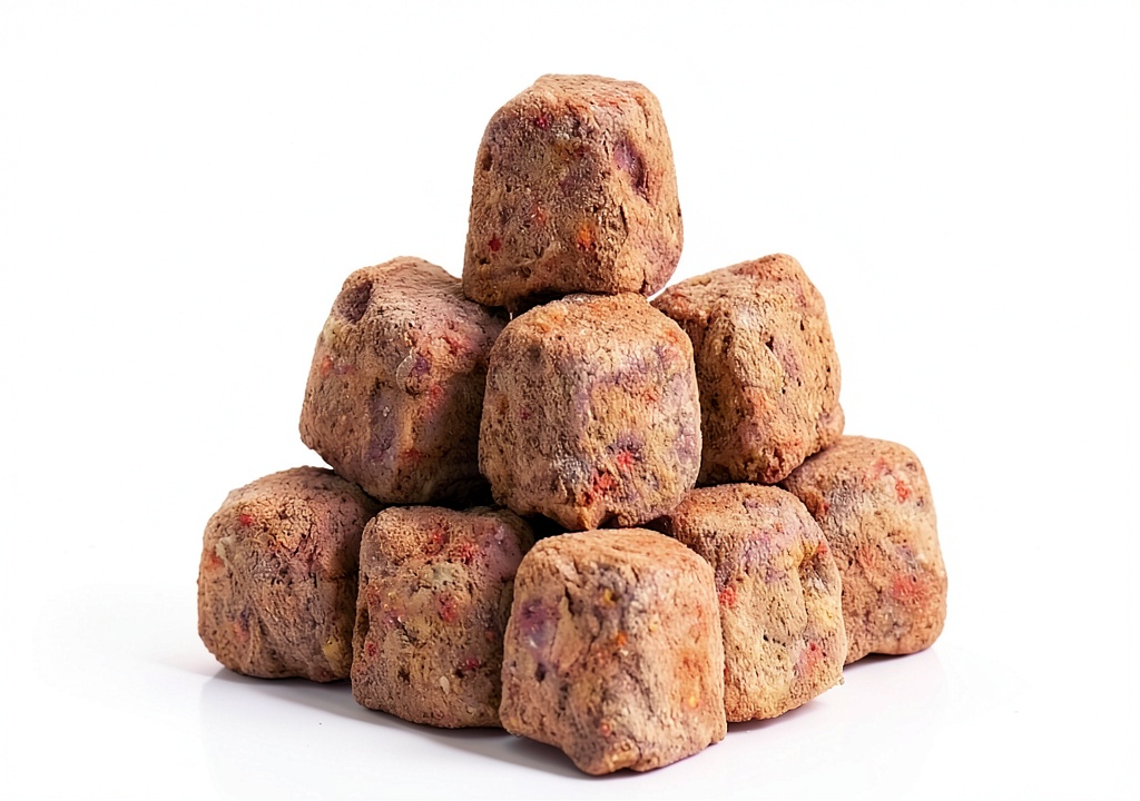 BUBBLE Freeze Dried Brine Shrimp Cubes package and cubes close-up