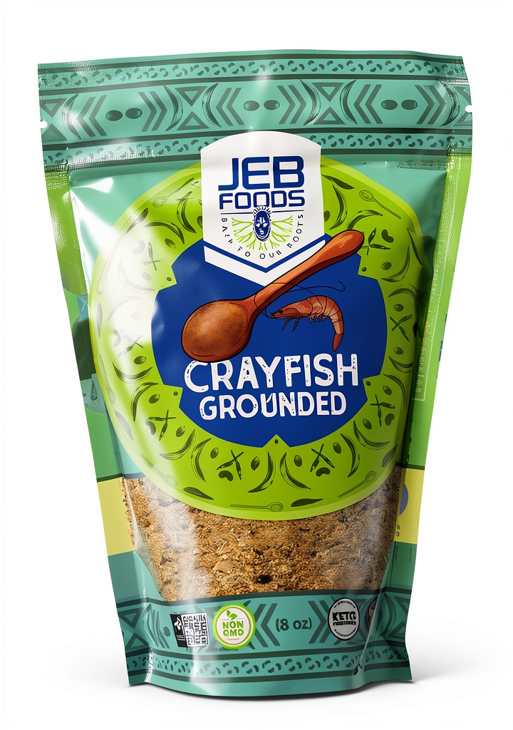 JEB FOODS Dried Crayfish Seasoning package opened on a kitchen counter showing powder texture
