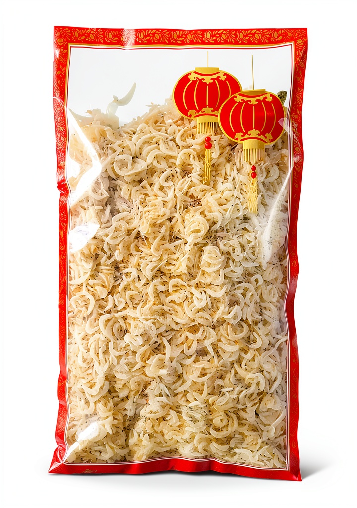 Dried Shrimp Premium by WFH 32 Ounce Seafood Snack opened on a kitchen counter with a bowl of rehydrated shrimp