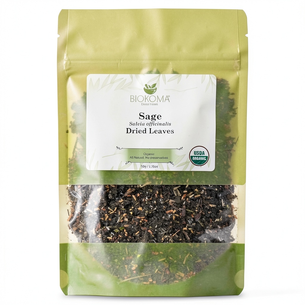 Installing Organic Sage Tea Biokoma Herbal Tea USDA Certified on a wooden desk