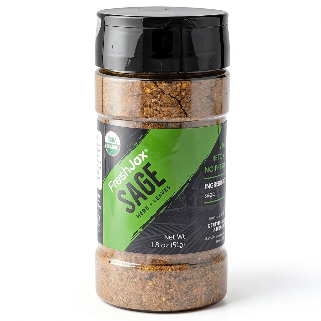 FreshJax sage spice shaker bottle on a kitchen counter
